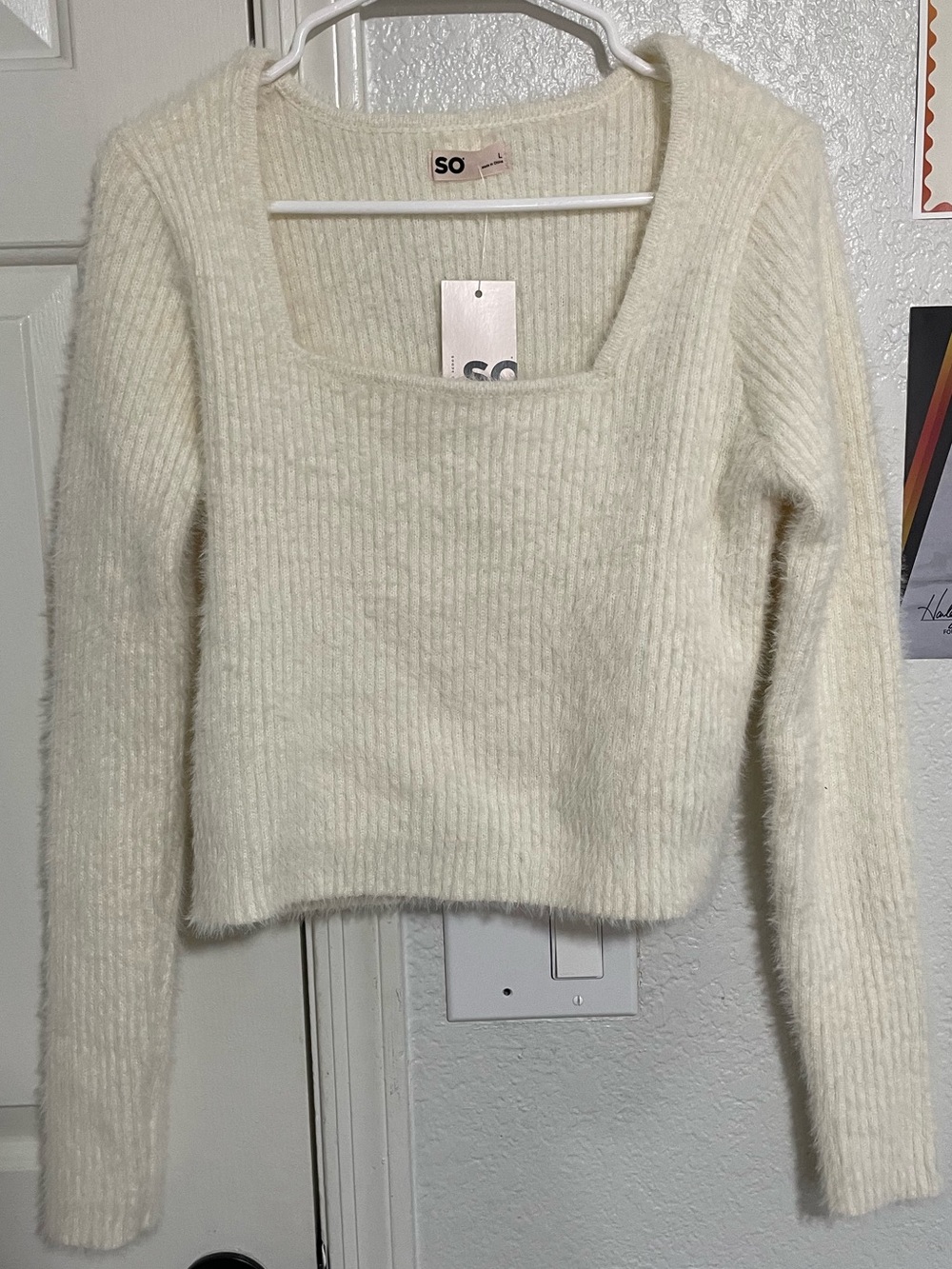 Sonoma Cream Ribbed Square-Neck Fuzzy Crop Sweater